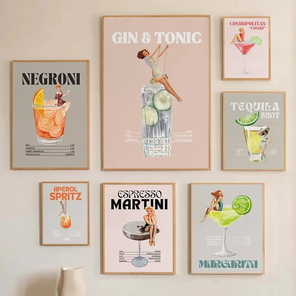 Retro Drink Cocktail With Cowgirl Poster Whiskey Gin And Tonic Mojito Canvas Painting Wall Art Pictures Home Bar Decor Gift