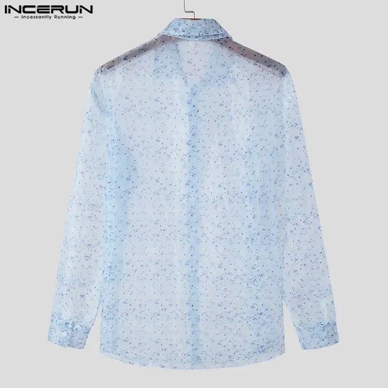 INCERUN-Camisa de manga larga con solapa estampada para hombre, ropa de calle informal, holgada, transparente, a la moda, S-5XL, 2024