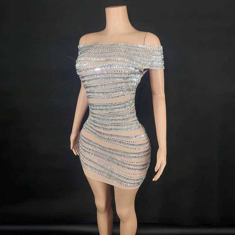 One-word Shoulder Design Full Diamond Slim Dress Nightclub Dancing Singer Performance Suit Catwalk Banquet Party Dress 홀터넥 웨딩드레스