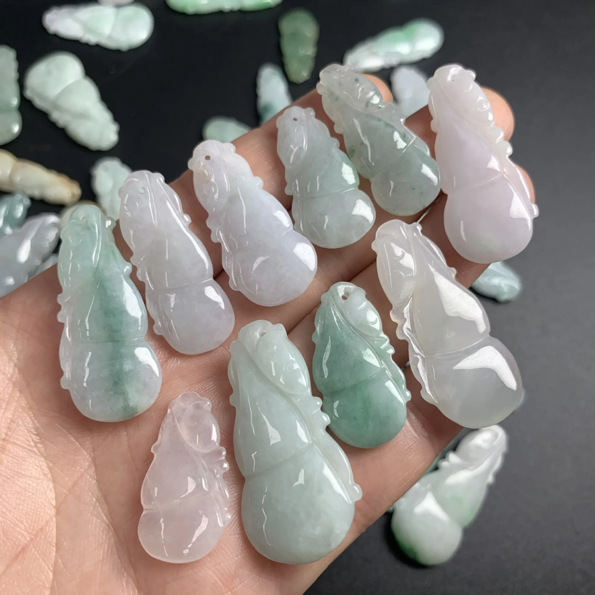 Natural Myanmar jadeite A product ice three-color gourd pendant hand-carved pendant flower piece