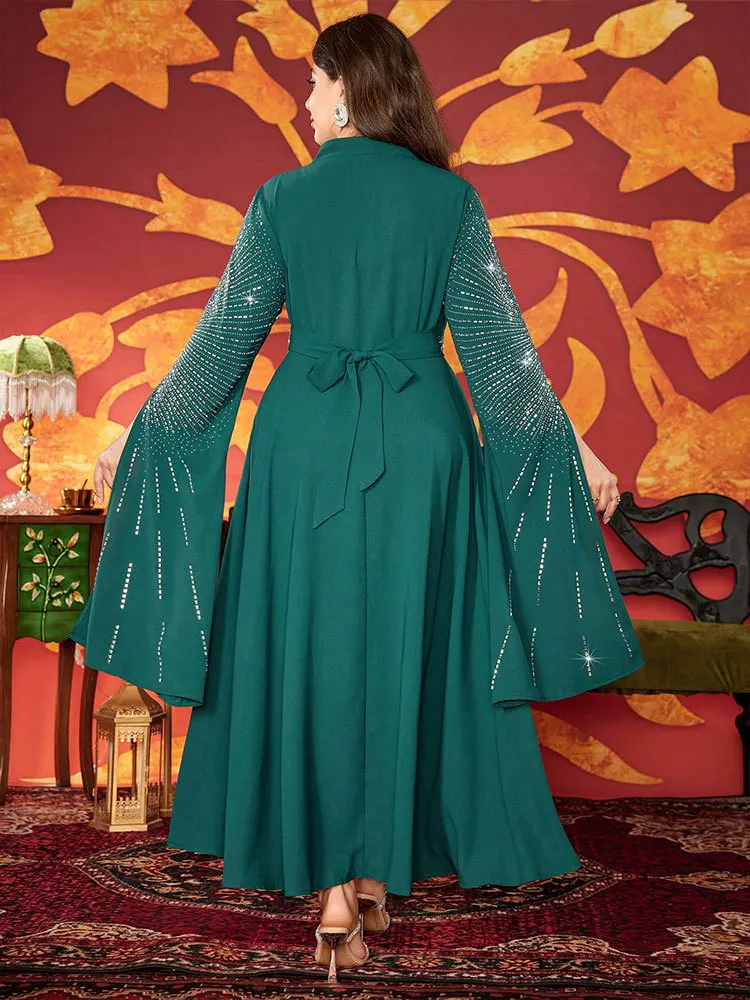 2025 moyen-orient musulman nouvelle mode femmes diamant clouté col en v décontracté à la mode grande taille robes de cérémonie vêtements féminins