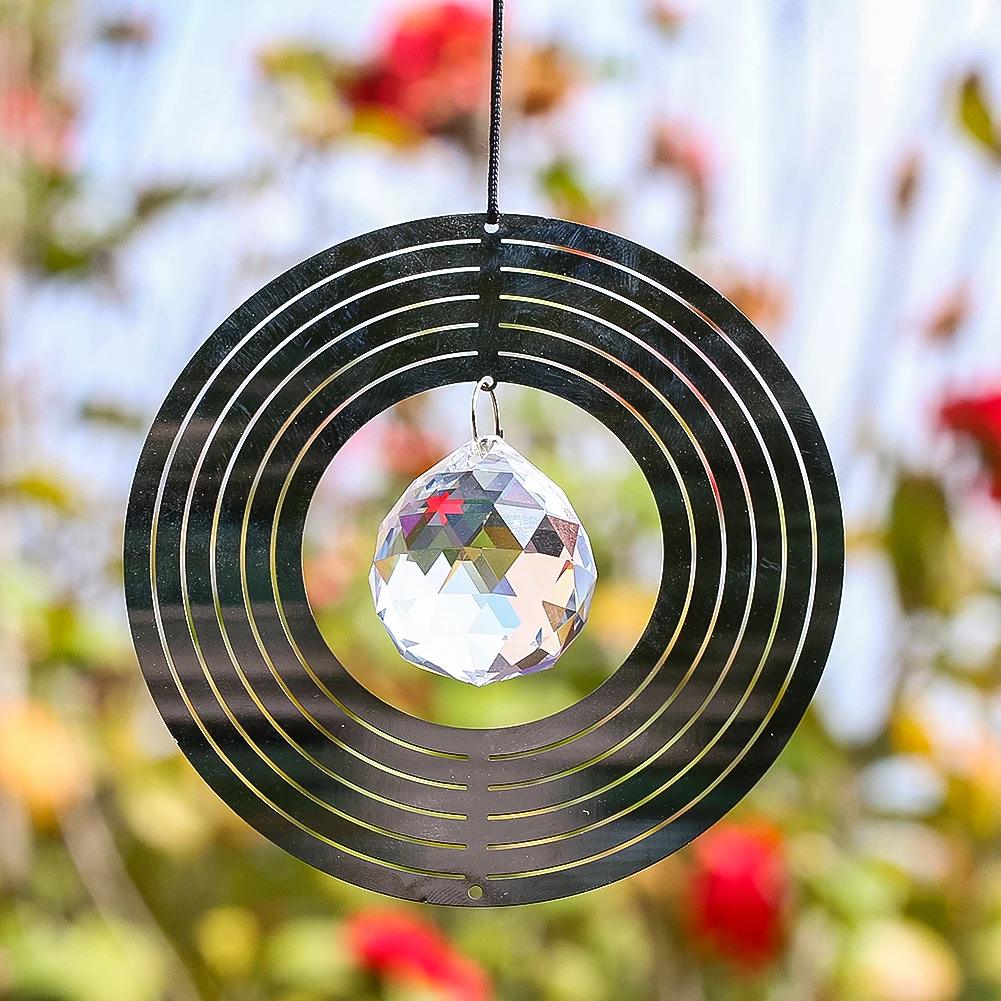 Lighted Ball Windmill Suncatcher Metallic Circle Weathervane Crystal Curtain Charms Garden Bird Repellers Hanging Decorations