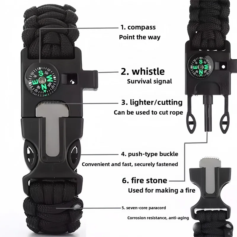 Multifunctional Outdoor Paracord Bracelet with Fire Starter, Compass, Mountaineering Survival Strap, Emergency Whistle, and Emer