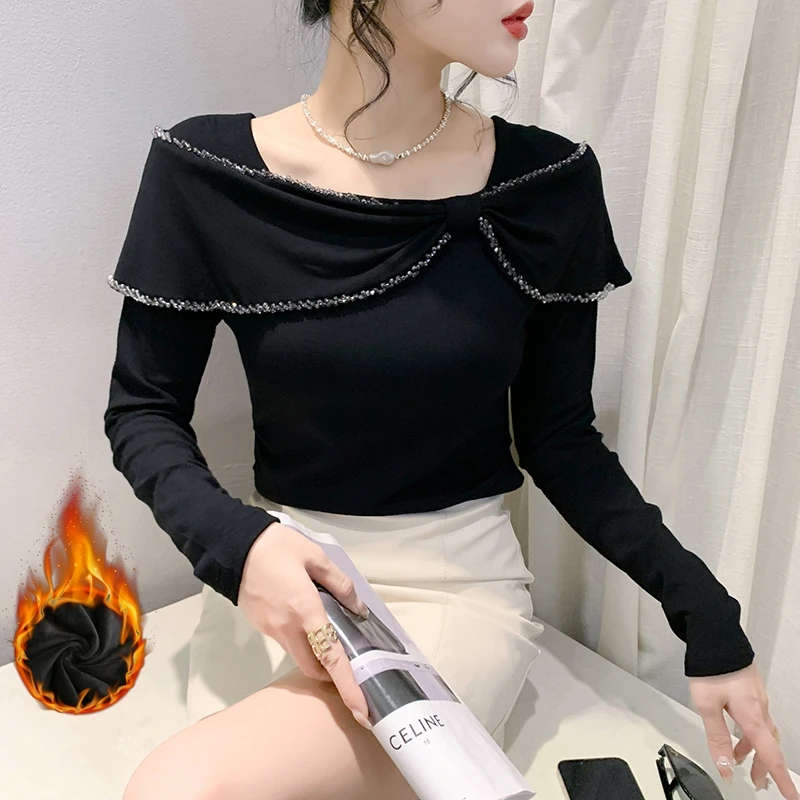 2024 New Fall Winter European Style Warm T-Shirt Chic Sexy Shiny Beading Women Tops With Fleece Long Sleeve Hand Made Tees 31204