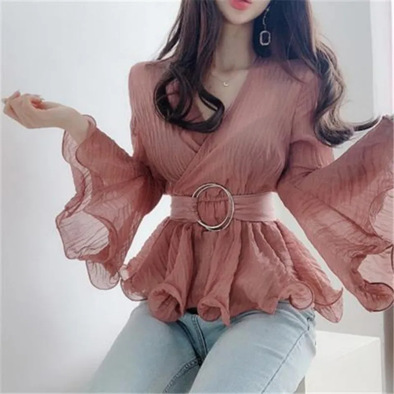 

New Style Goddess Pleated Lace Waist Flare Sleeves Fairy Shirt Fashion V-neck Slim Fit Top