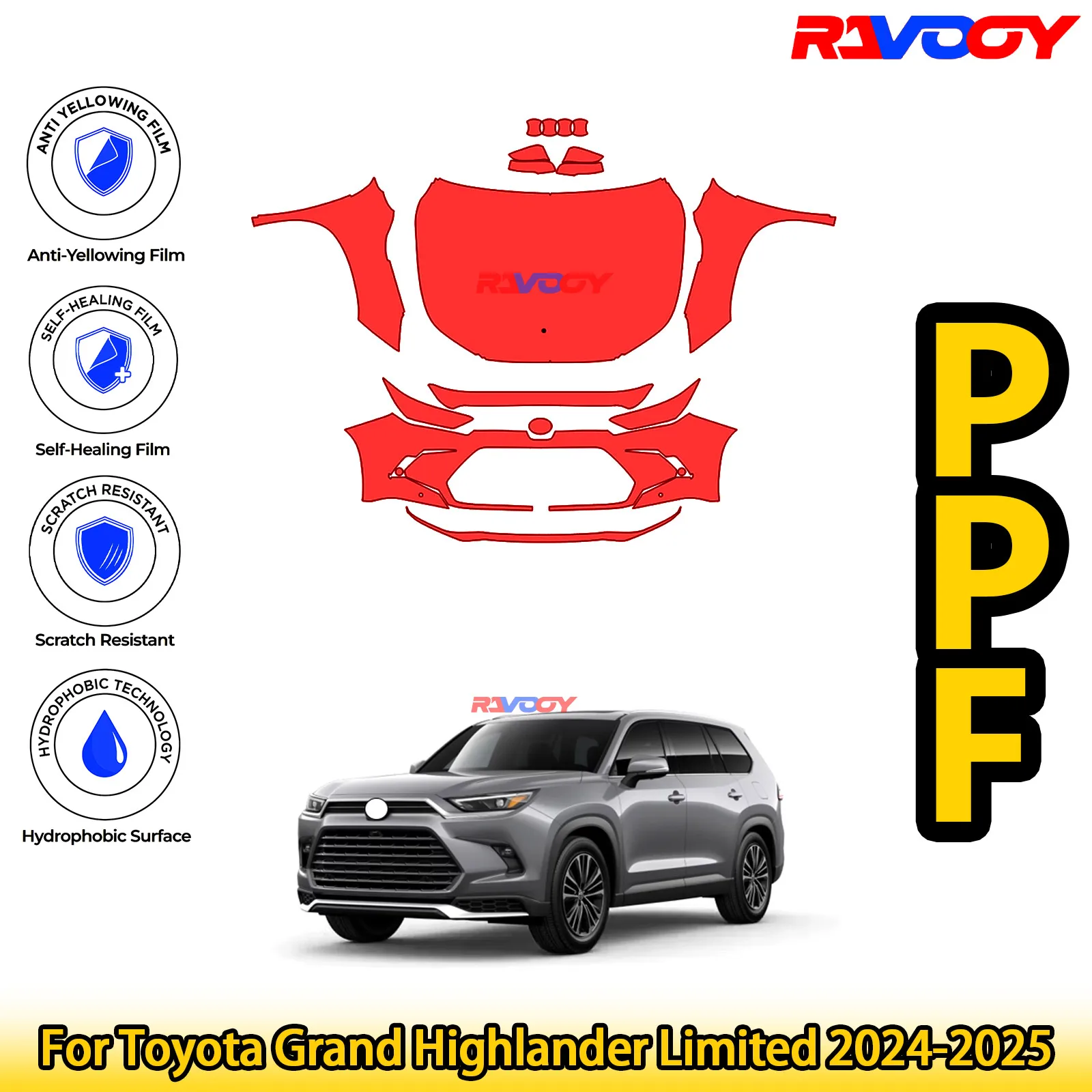 

Для Toyota Grand Highlander Limited 2024-2025 глянцевая матовая черная предварительно вырезанная передняя защитная пленка PPF комплект