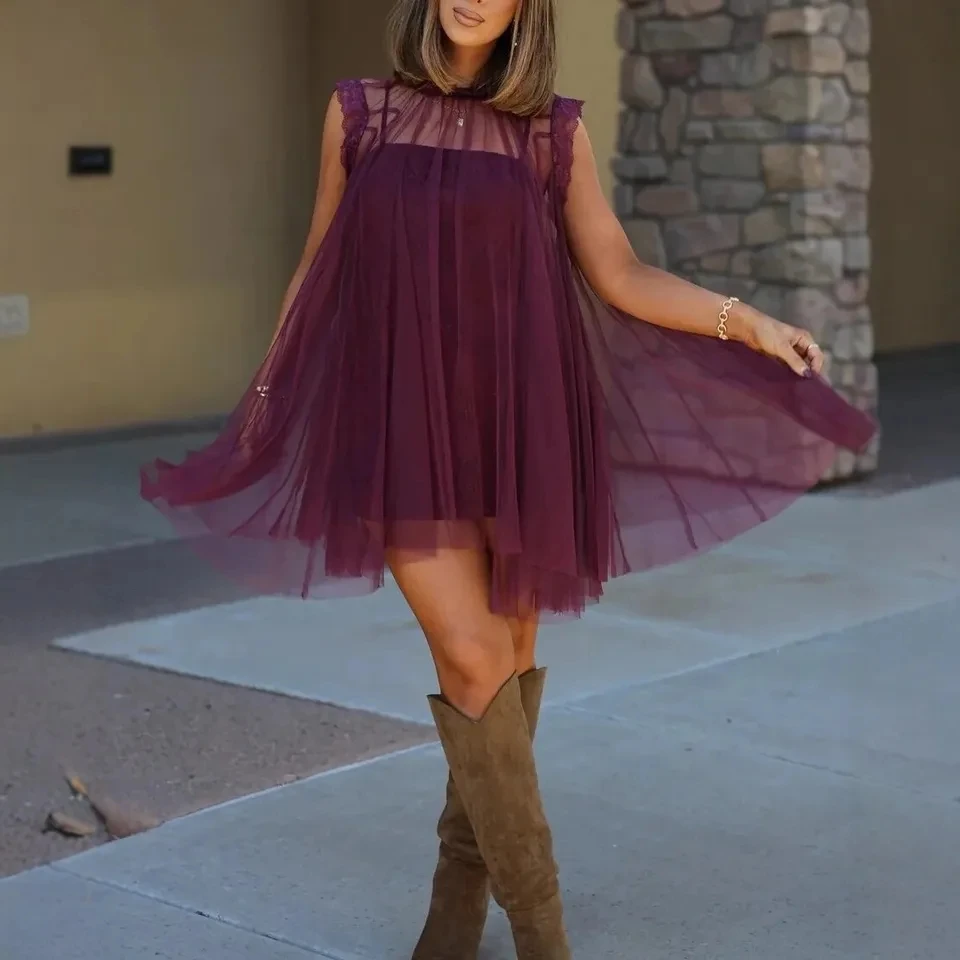 

2026 New Womens Purple Mesh Dress Sleeveless Lace Patchwork Loose Temperament Short Skirt Flowy Draped Dress Outfit