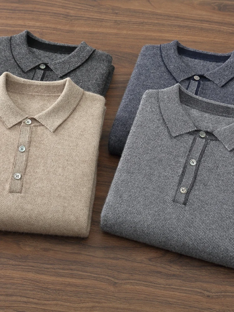 TLOML Men's 100% Cashmere Polo Sweater Autumn Winter Basic Smart Casual Long Sleeve Pullover Cashmere Knitwear Soft Comfy Tops
