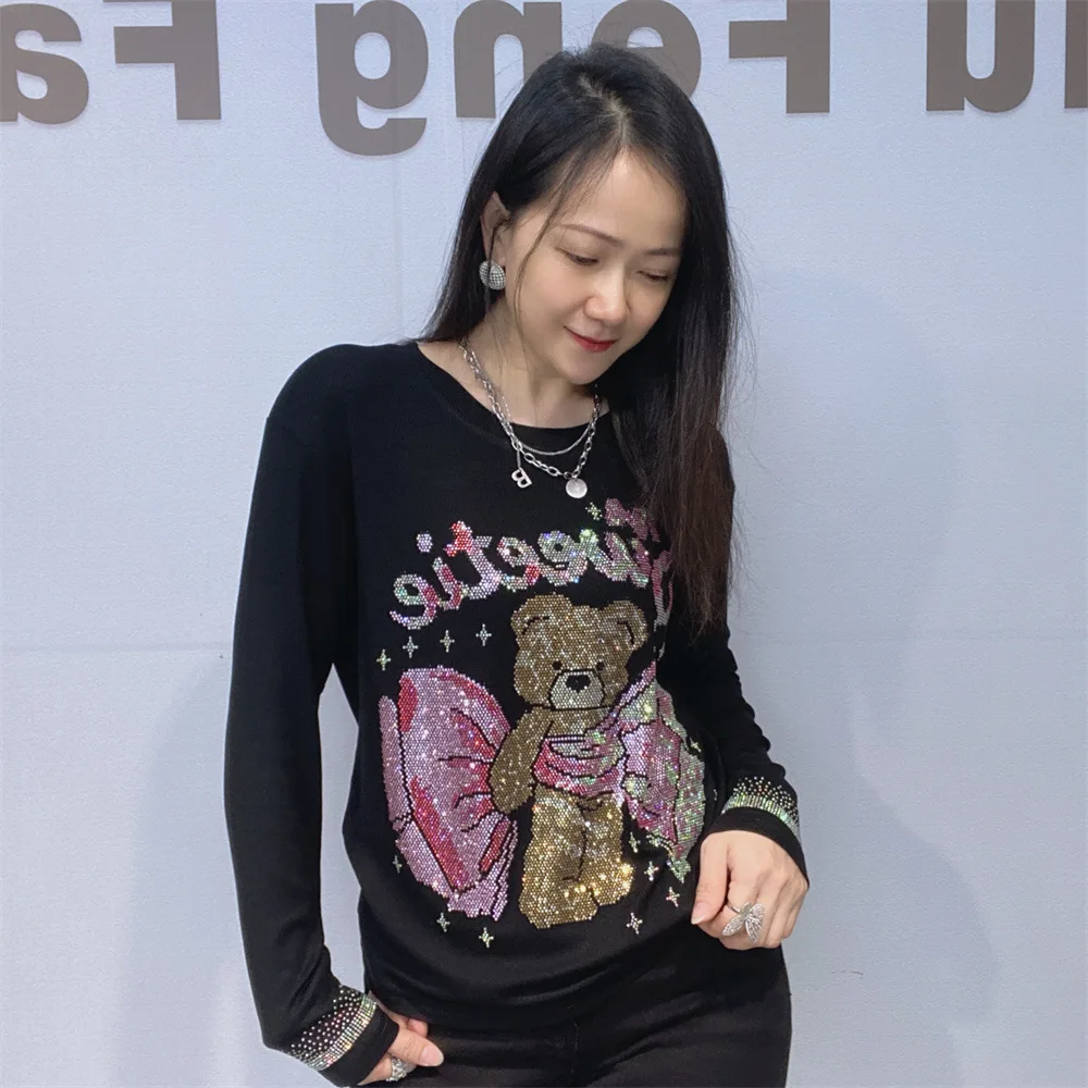 Age Reduction New Autumn Winter Women Long Sleeve T-shirt Fashionable Pink Bear Hot Diamonds Round Neck Slimming Pullover Top