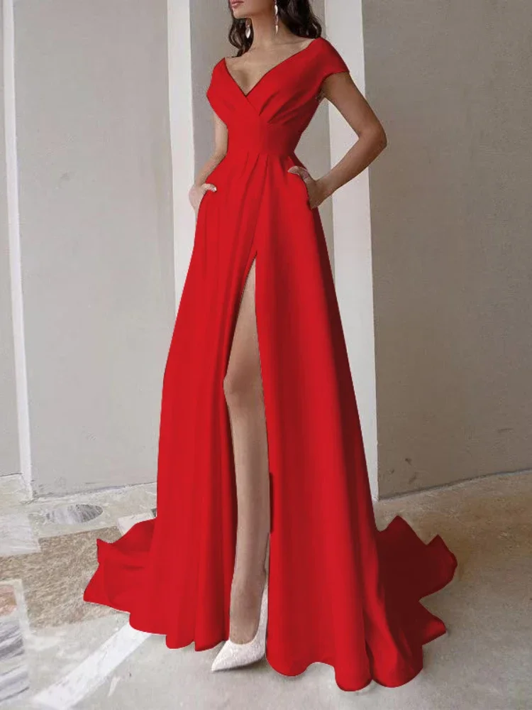 V-neck Ruffled Elegant Party Dresses 2024 Long Evening Dress High Waist Slit Sleeveless Sexy Irregular Formal Dresses for Women