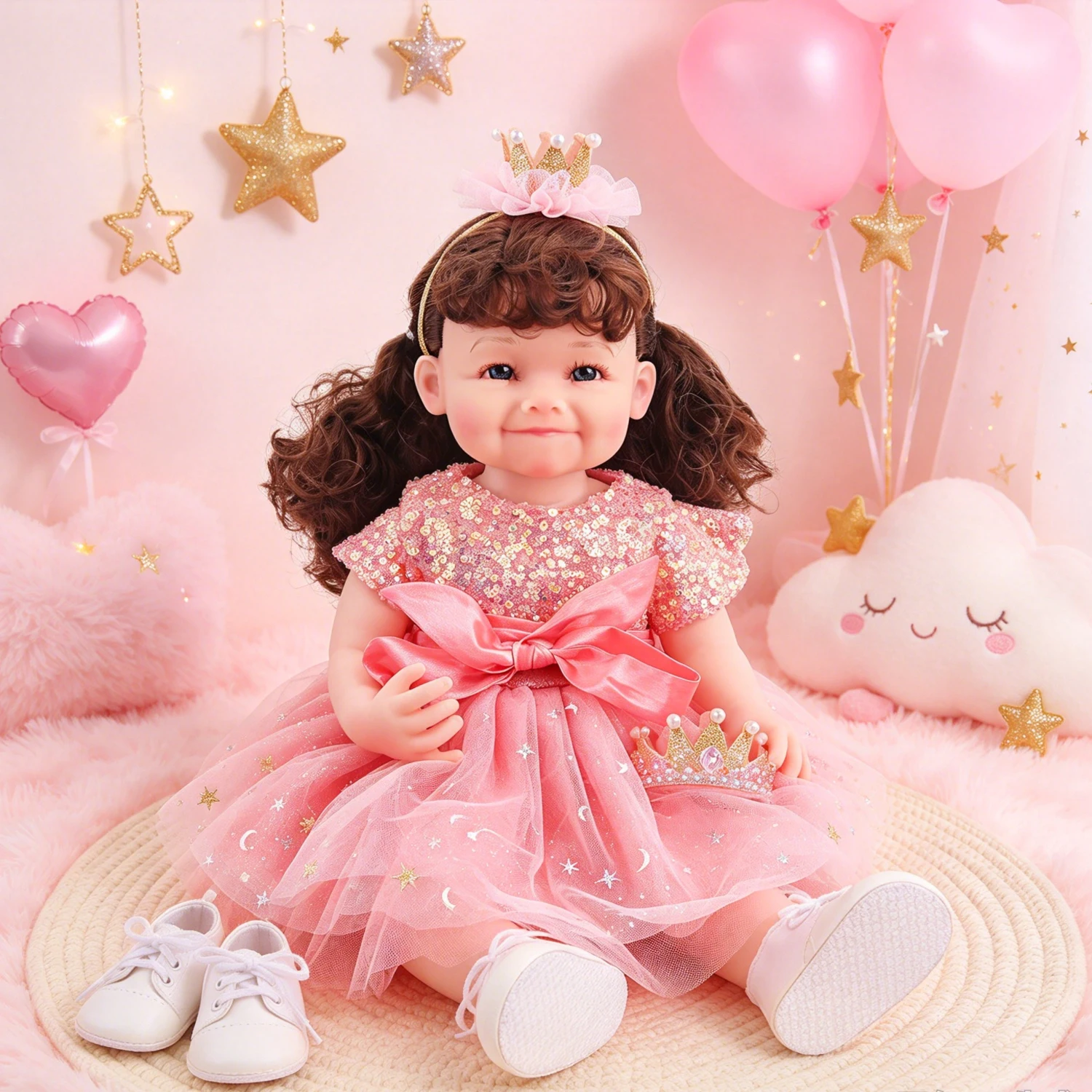 55cm Reborn Baby Doll Clothes Outfit Pink Sequin Star Moon Tulle Dress + Crown Headband and Shoes Set Doll Dress Up Accessories