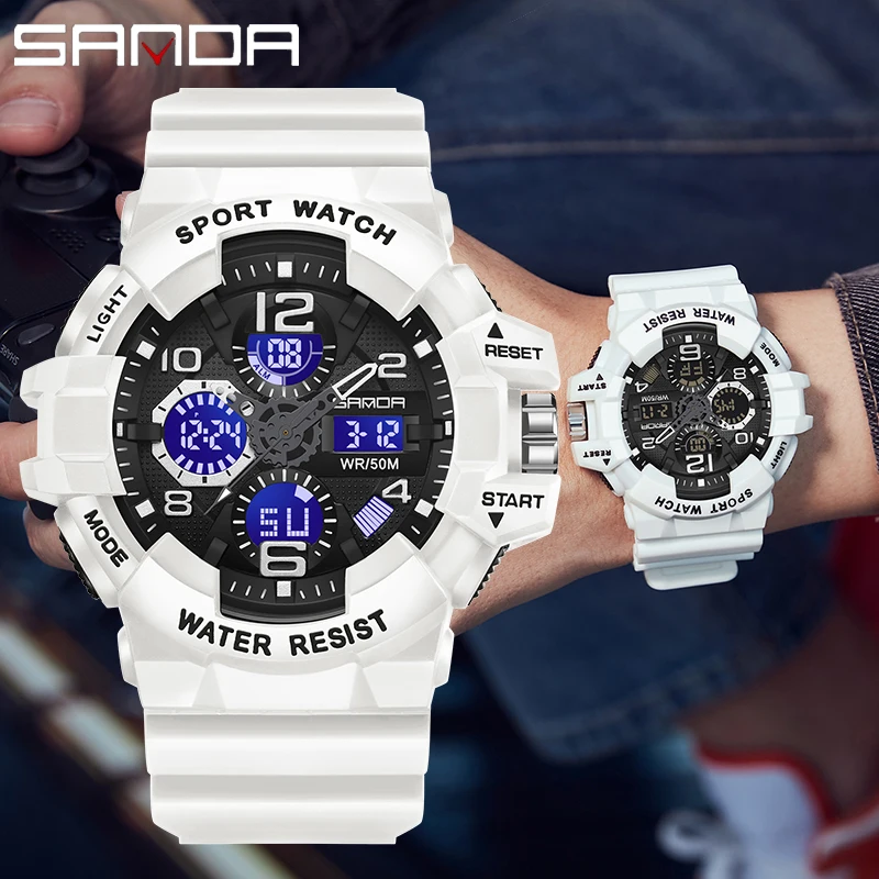 SANDA Men Military Watches G Style White Sport Watch LED Digital 50M Waterproof Watch date Male Clock Relogio Masculino 3168