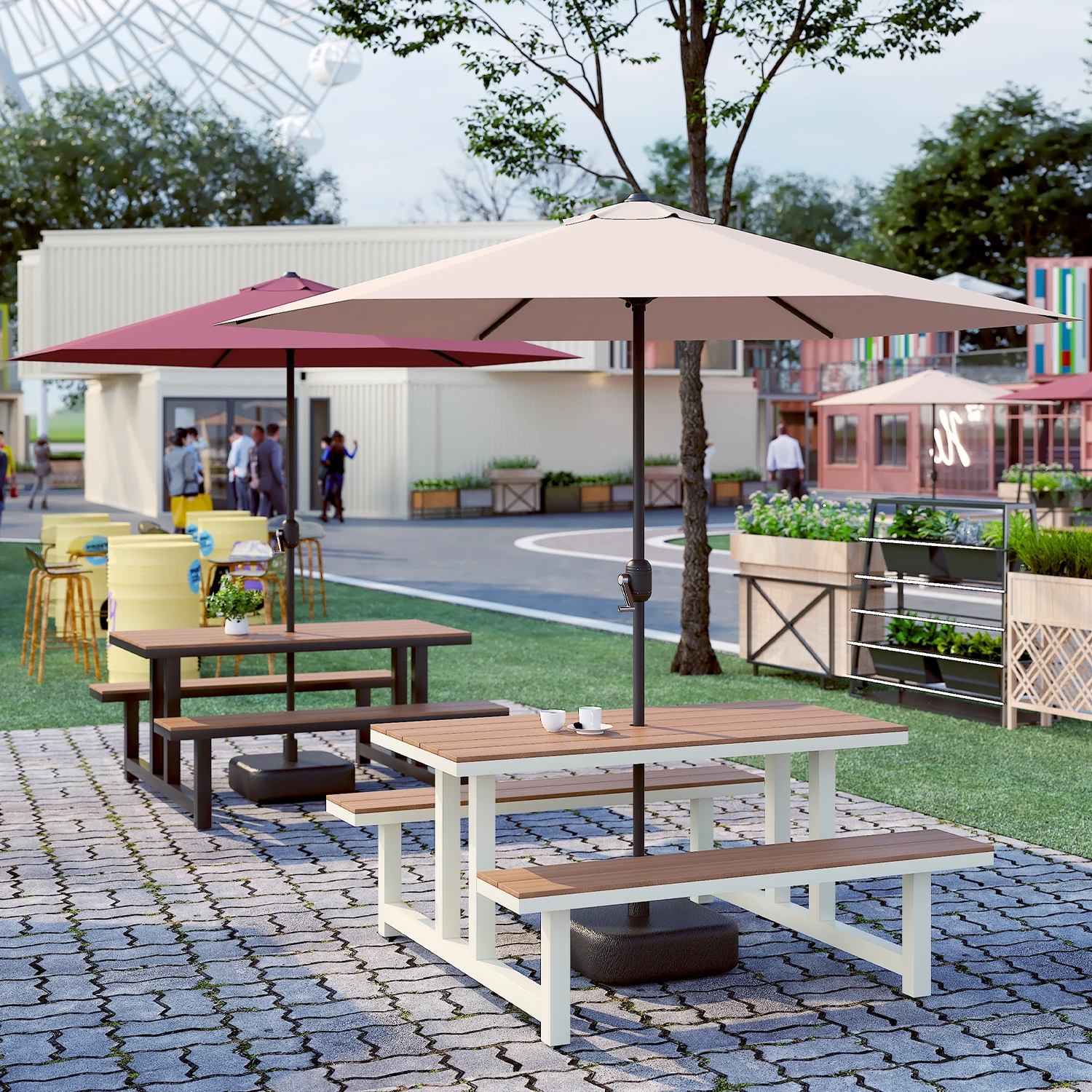 Outdoor plastic wood one-piece table and chair set courtyard garden table and chair combination outdoor open-air commercial stre
