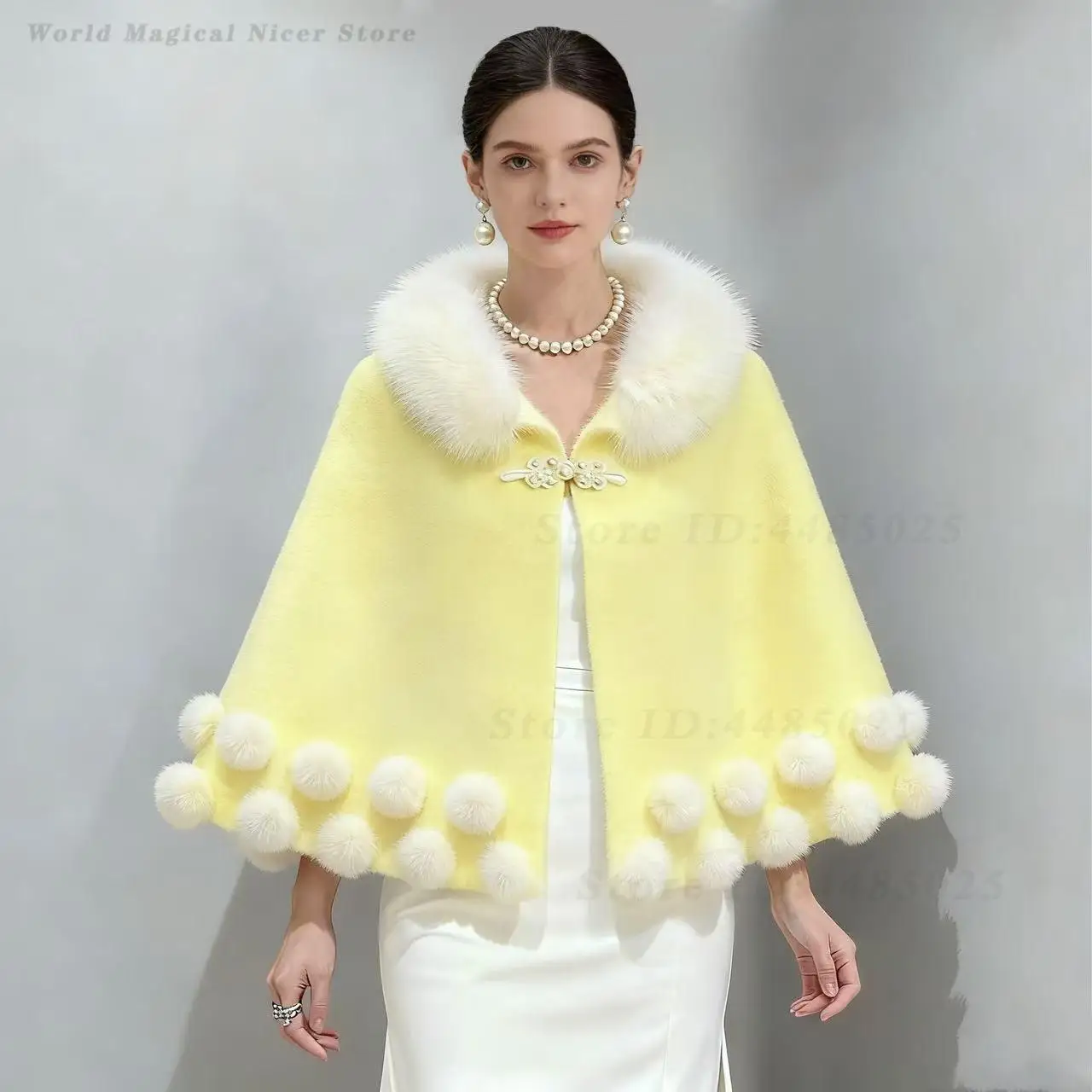 Winter New Women Elegant Knit Cape Poncho Faux Mink Fur Collar Pom Pom Decor Loose Oversized Plus Size Warm Shawl Outer Cloak