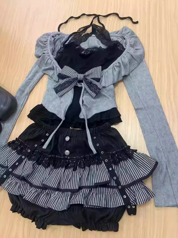 Sweet Preppy Style Vintage Lace 3-piece Set Women Aesthetic Bow Sling + Long Sleeve Cardigan + Ruffle Skirt Japanese Cute Outfit