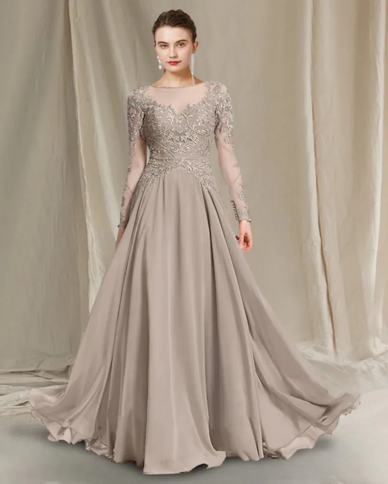 

Champagne A-Line Mother of the Bride Dresses Elegant Jewel Chiffon Lace Beads Long Sleeve Groom Party Gowns Robe De Soiree