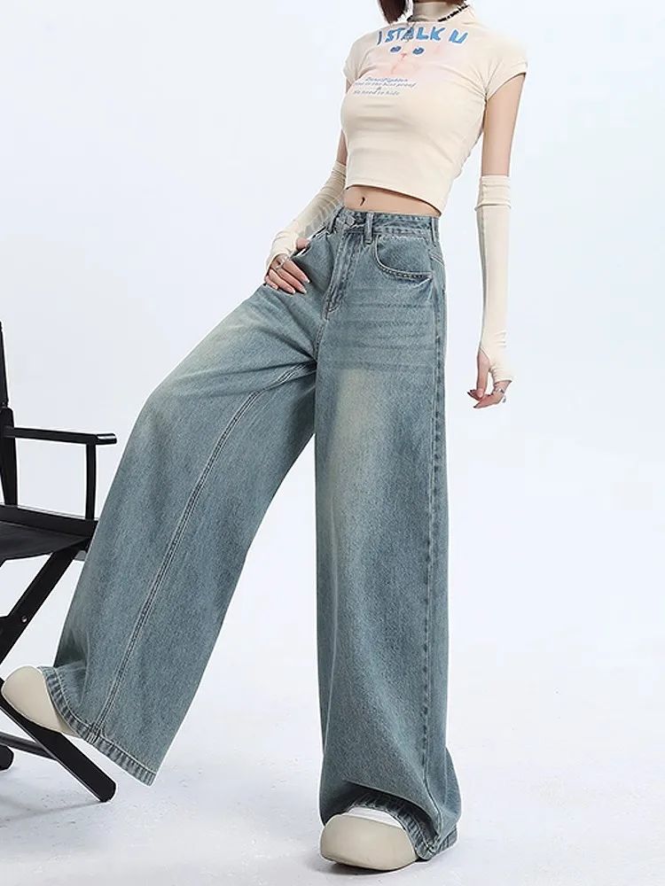 Retro High Waist Wide Leg Jeans Women's Summer Thin Loose Fitting Floor Length Pants Slimming Effect for Pear Shaped Body