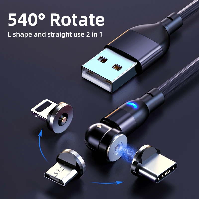 AUFU 540 회전 마그네틱 케이블 USB C 충전 케이블, 마그네틱 충전기, 마이크로 USB 타입 C 휴대폰 케이블, 아이폰 샤오미 화웨이용