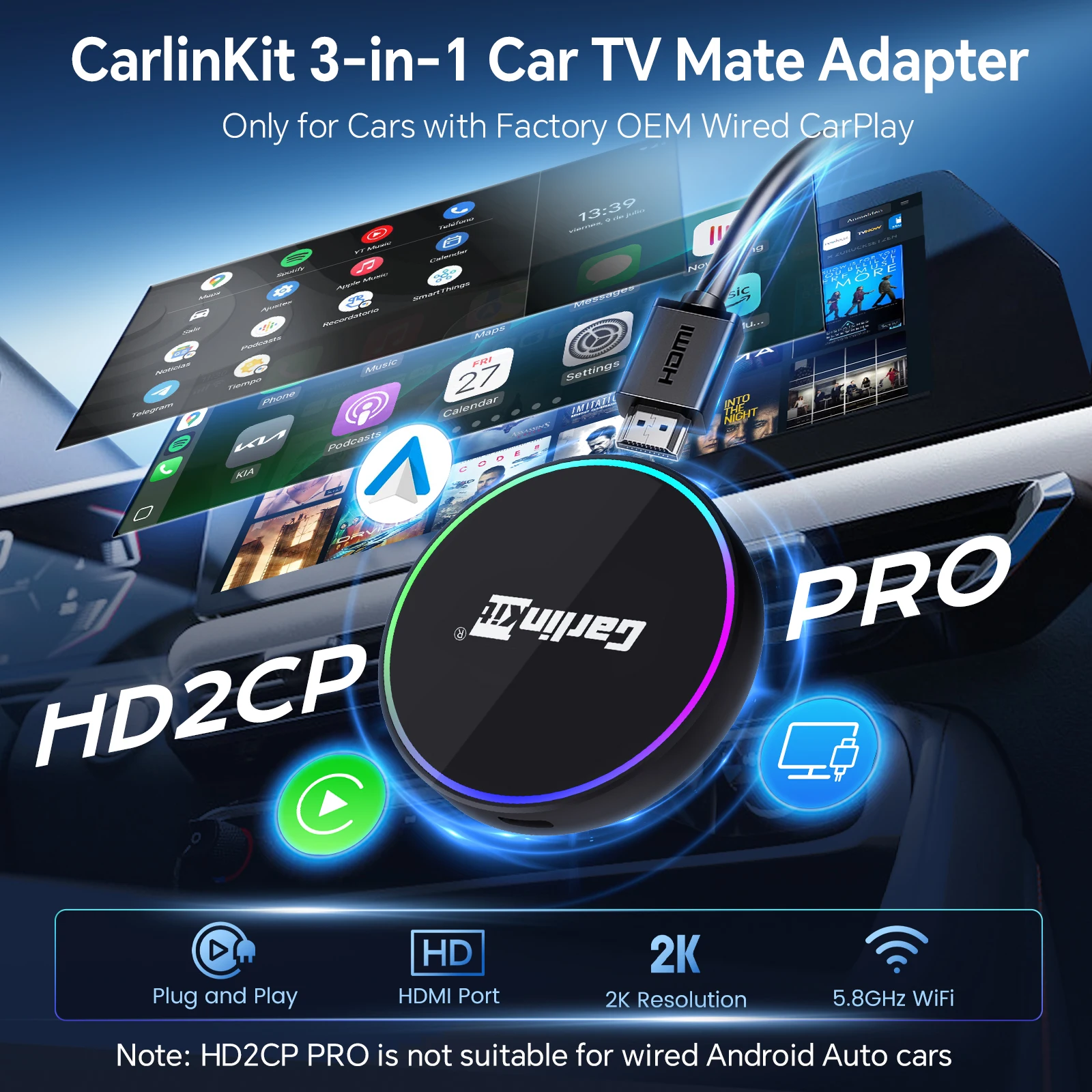 HD2CP Pro  CarlinKit Wireless Adapter HDMI Wireless Android Auto CarPlay 3-In-1 Smart Car Box HD Video for TV Sticks HDMI Device