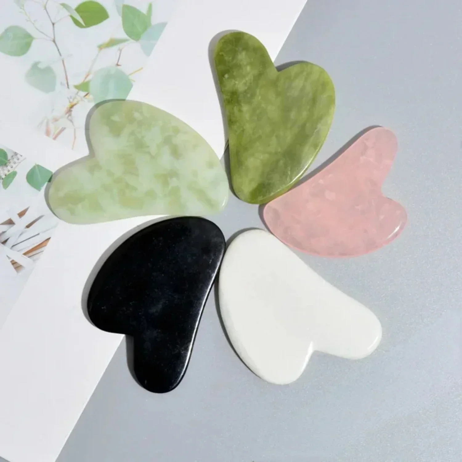 5-Colors Set Heart-Shaped Jade Gua Sha Scraping Board Facial Massage Tool - Black White Green Blue - Scraping Massager