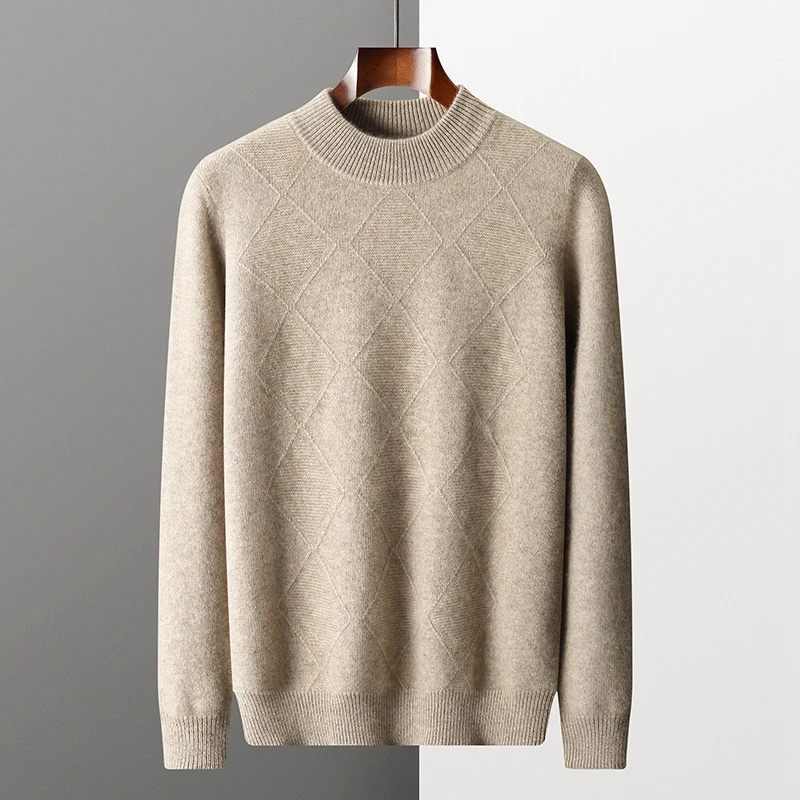 Men's Cashmere Knit Pullover Autumn Winter Mock Neck Full Body Diamond Jacquard Daily Business Versatile Long Sleeve Knit Top