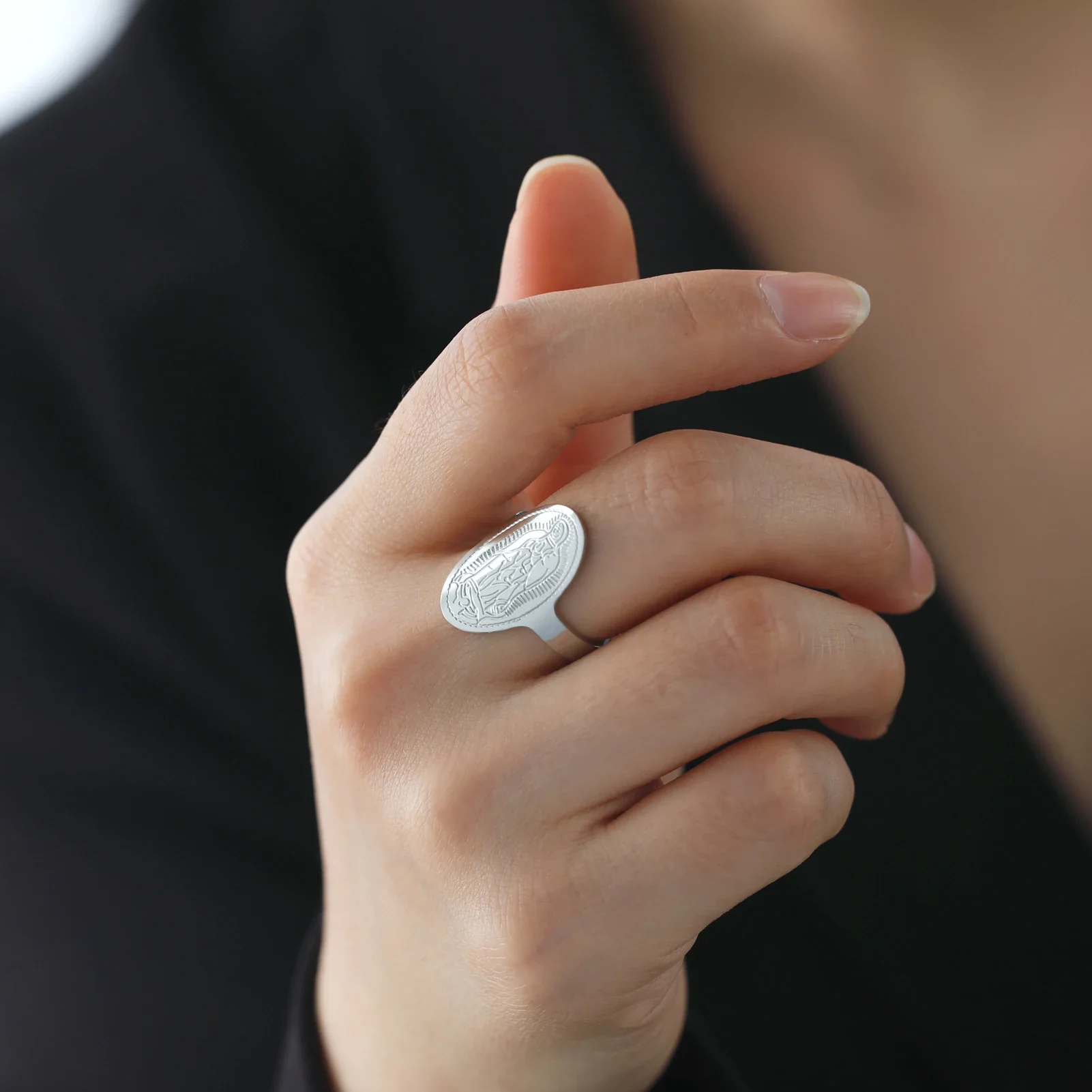 سكايريم الدينية العذراء الفولاذ المقاوم للصدأ حلقة قابل للتعديل ، أزياء المرأة ، الرجعية جيسوس ، الأم ، الكاثوليكية نعمة المجوهرات