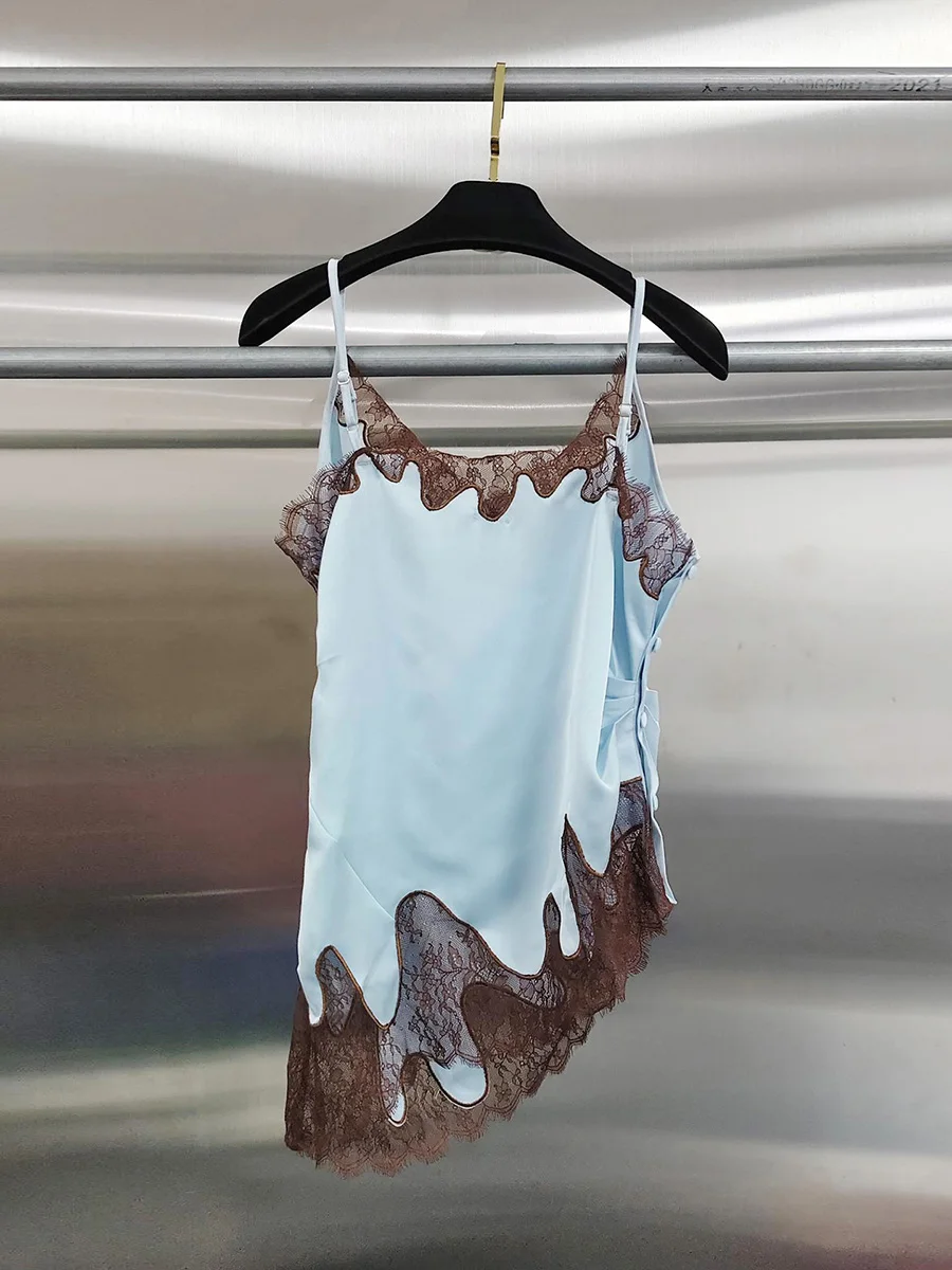 GALCAUR Colorblock Spliced Lace Slimming Cami Top for Women V Neck Sleeveless Patchwork Button Casual Vest Female Fashion Style