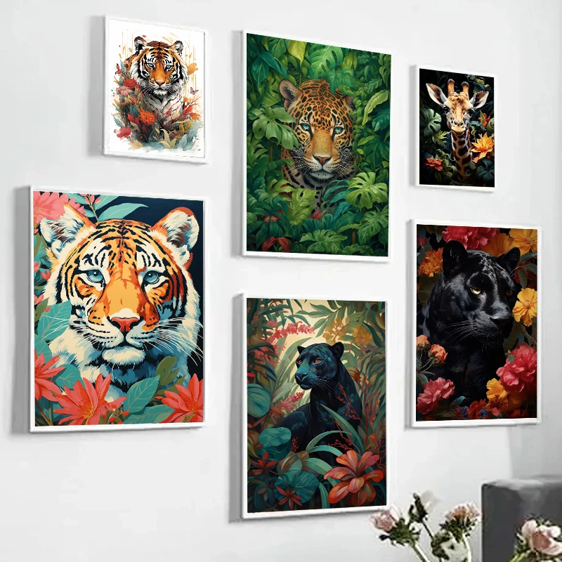 Póster de arte de la selva con tigre y leopardo en flor, pintura al óleo de vida silvestre, impresión de arte de pared, imagen