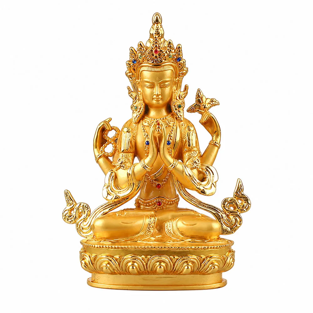 Tibetan Four Arm Avalokiteshvara Statue 15cm Gold Buddha Chenrezig Figurine Alloy Bodhisattva Home Altar Shrine Meditation Decor