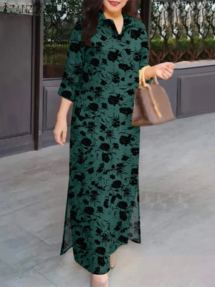 Autumn Summer Fashion Printed Dresses ZANZEA Bohemain Holiday Vestidos Maxi Robe Women Elegant 3/4 Sleeve Lapel Work Sundress