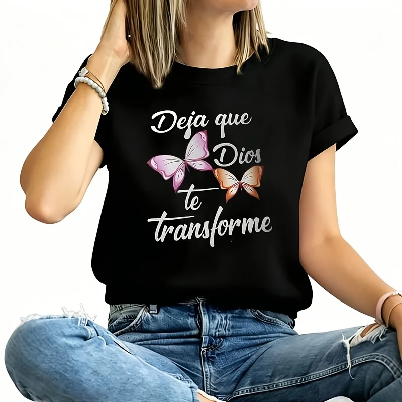 Spanish Text and Butterfly Printed Women's Plus Size T-Shirt 100% Cotton 220g