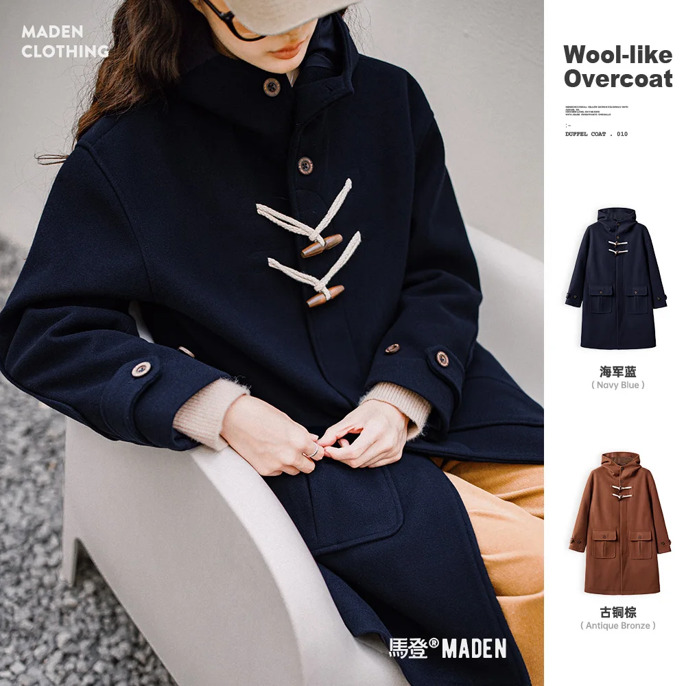 Maden Vintage College Style Horn Button Woolen-like Coat Mid-length Loose Fit Commuter Hooded Thick Winter Jacket for Women