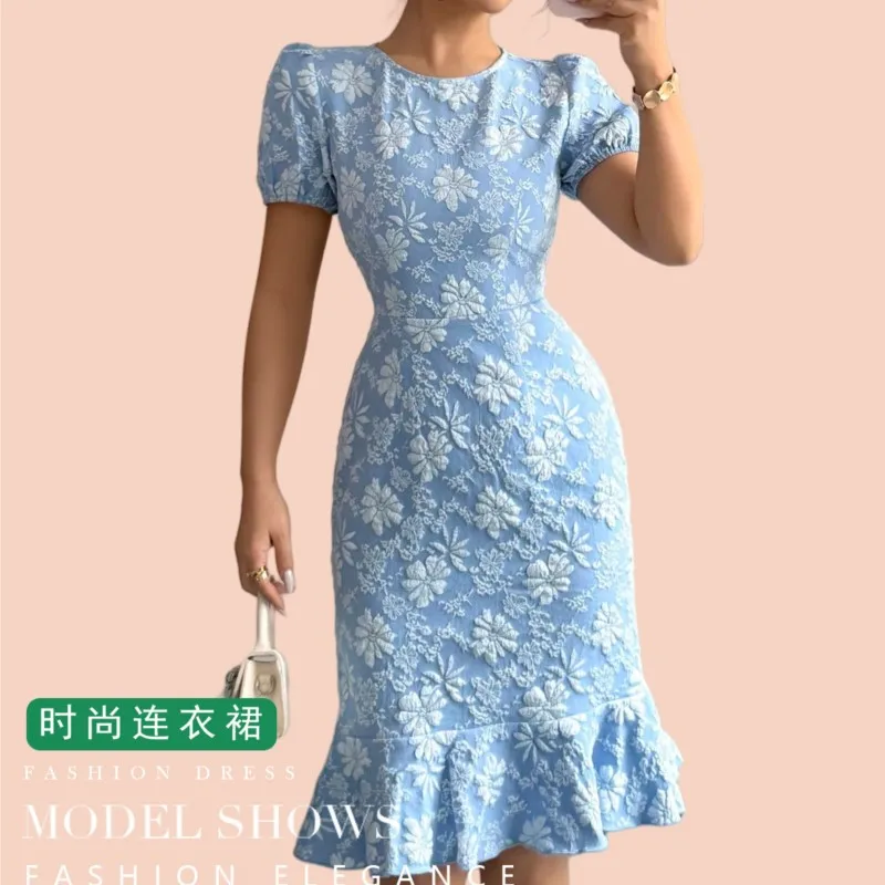 

Elegant Lady Ruffle Hem Puff Sleeved Jacquard Dress New Skinny Wrap Hip Slim Knee Length Dress Temperament Solid O-Neck Vestidos