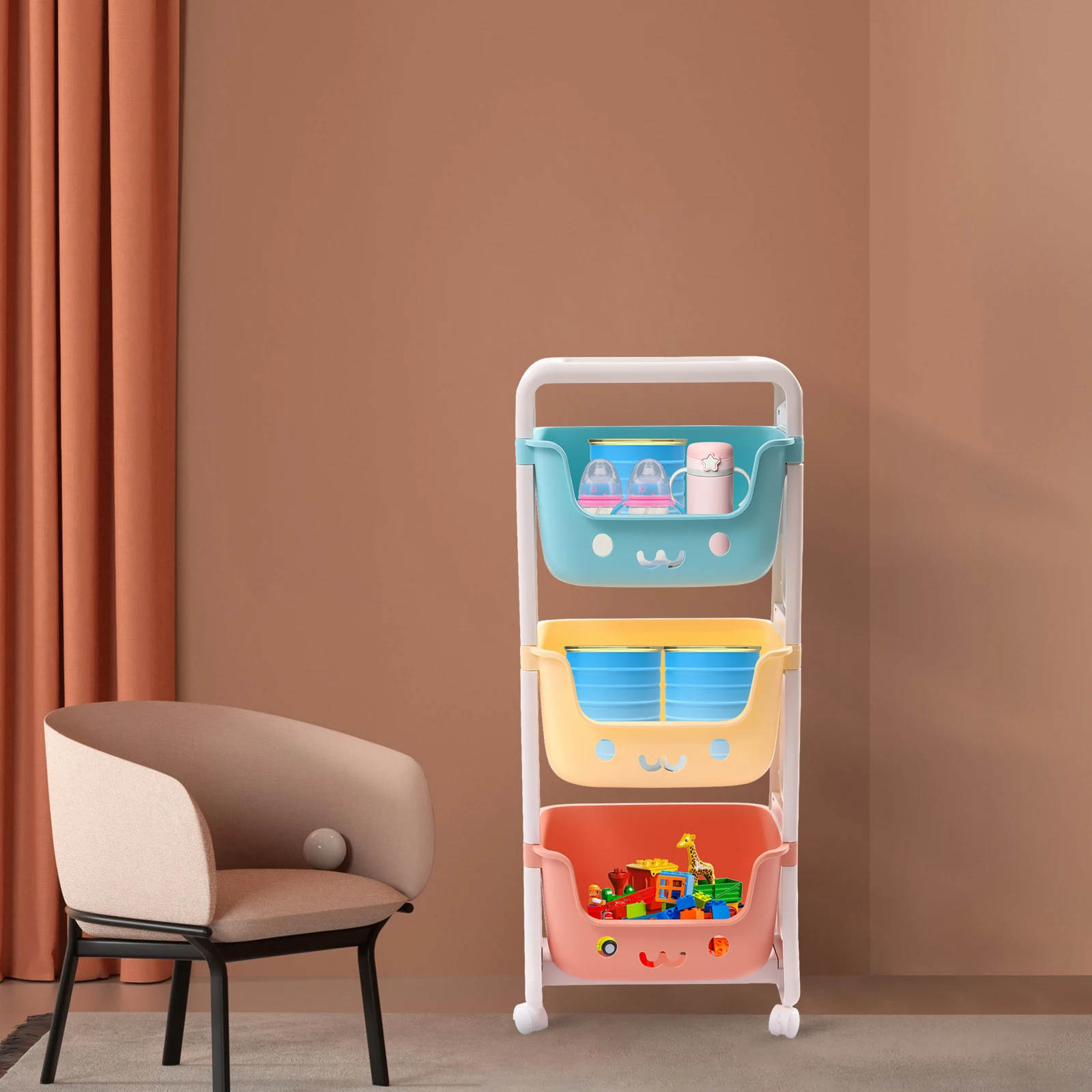 

3-Tier Rolling Cart Kids Toy Storage Organizer, Multifunctional Organizer Storage with Wheels for Children's Room, Kindergarten