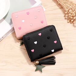 Cartera pequeña de cuero PU con borla para mujer, monedero con cremallera corta, monedero femenino