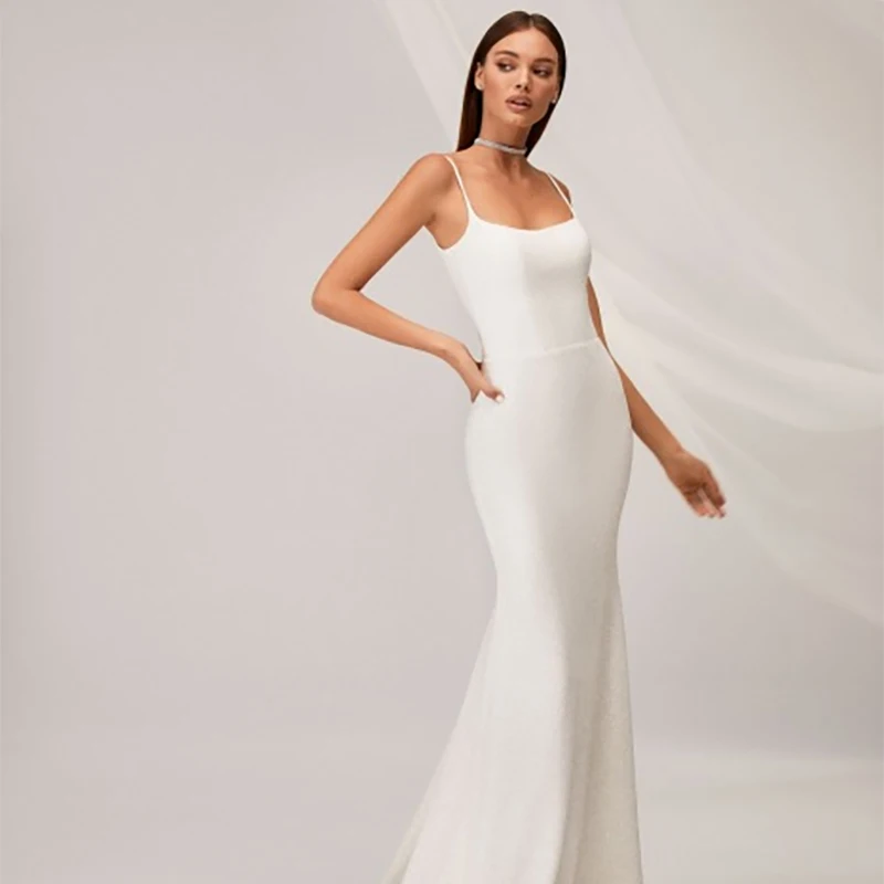 2026 New Spaghetti Strap Backless Mermaid Wedding Dresses Shiny Satin Slim Fit Long Train Bridal Gowns Sexy Elegant Simple Style