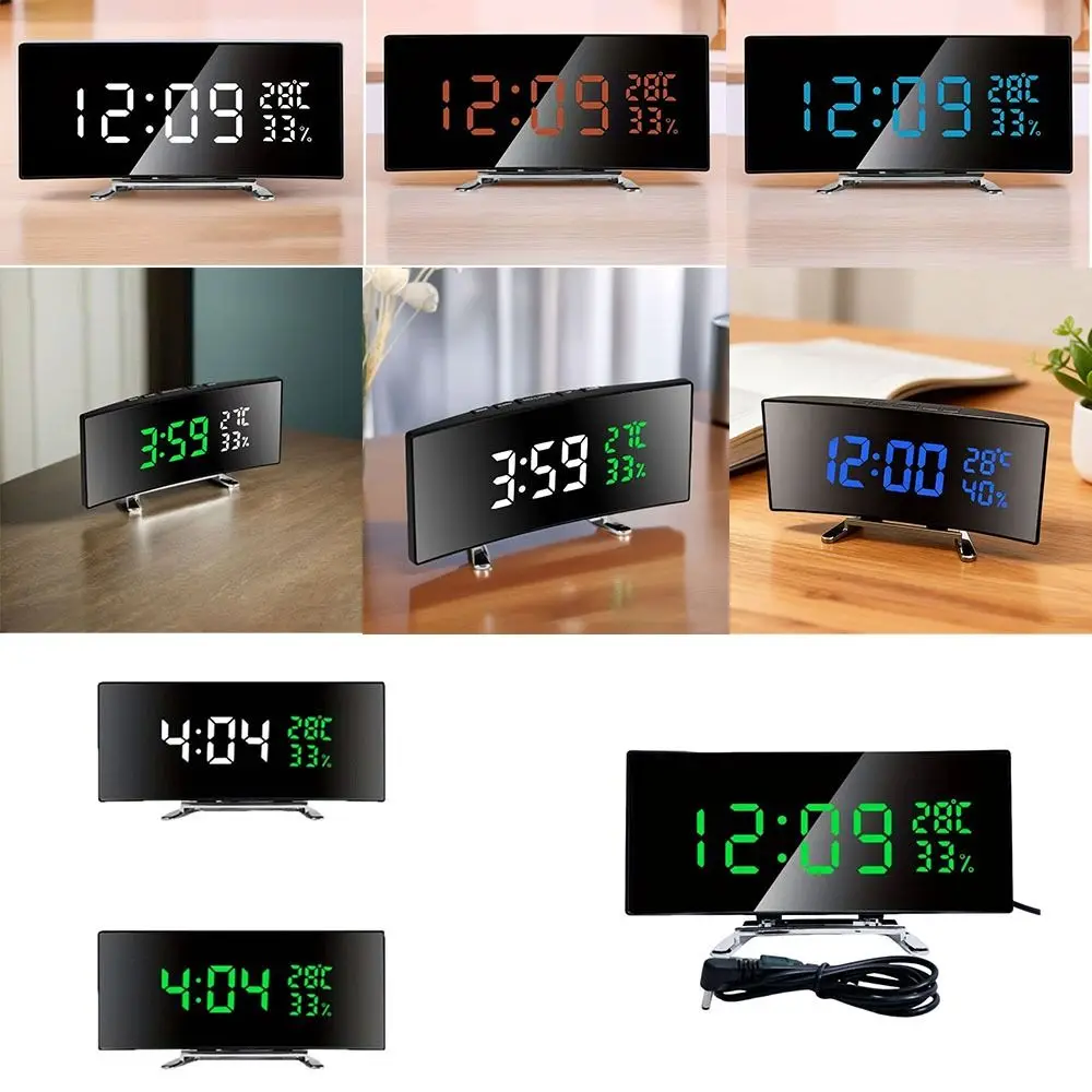 Modern Curved Screen Digital Alarm Clock Temperature Humidity 12/24h Desk Clock Large Screen Luminous LED Digital Clock Desk Use