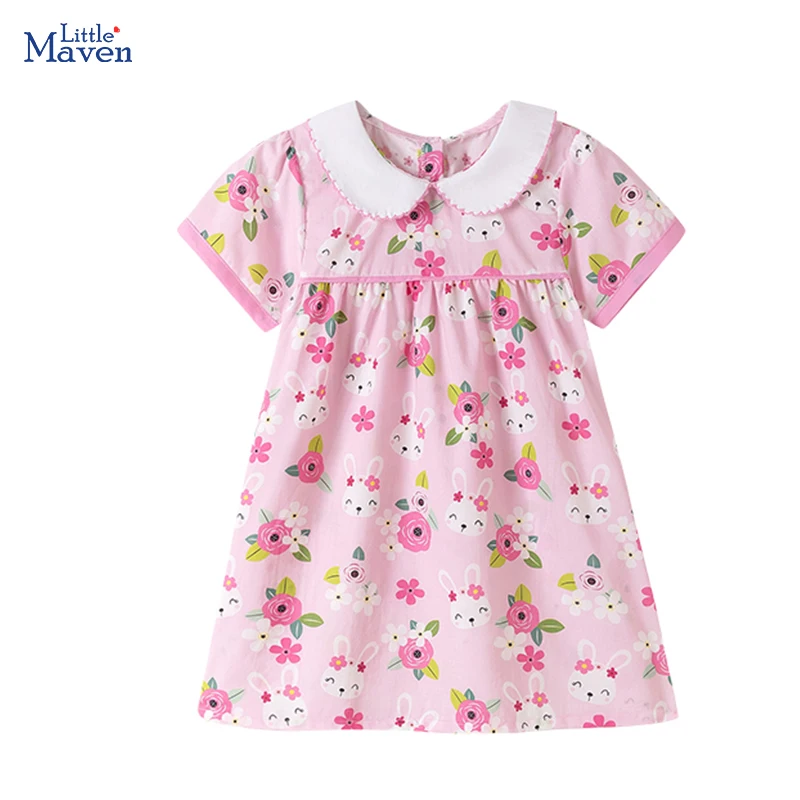 

Little maven Children's Clothing 2026 Summer Dress Cartoon Flowers Rabbits Appliques Kids Clothes Princess Baby Girls Dresses