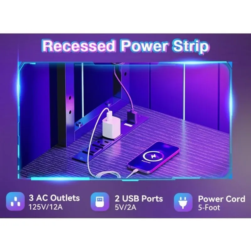 L Shaped Desk Gaming Desk with LED Light & Power Outlet, 53 Inch Reversible L Shaped Computer Table with Shelf & Storage Ba