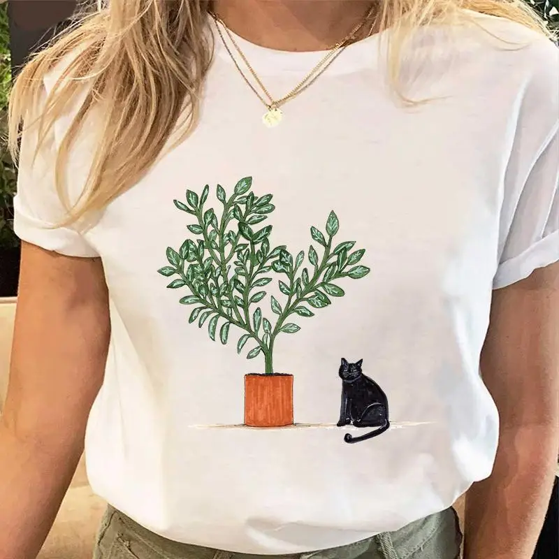 Women Print Tees Tshirt Female Clothes Regular Short Sleeve Tops Cat Simple Cute Print Ladies Fashion Cartoon Graphic T-Shirt