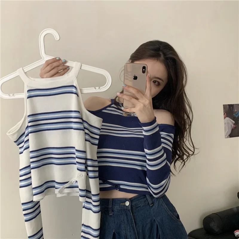 Blue Stripes Women Neck Hanging Off spalla maglione lavorato a maglia a maniche lunghe mostra figura sottile top in maglieria alla moda di alta