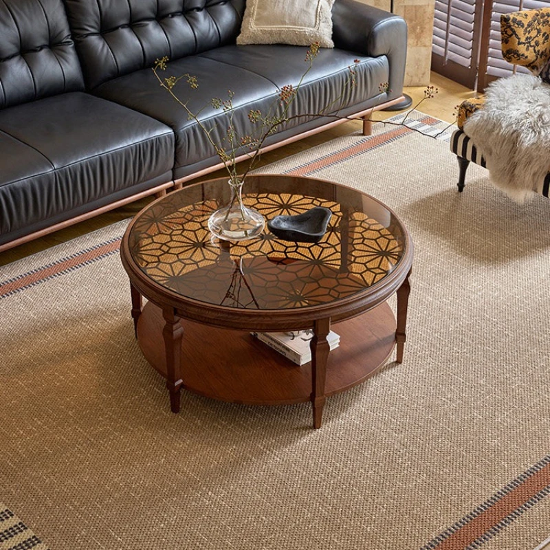 Modern Home Luxury medieval brown solid wood side tables French style glass countertop round coffee table pliante furniture