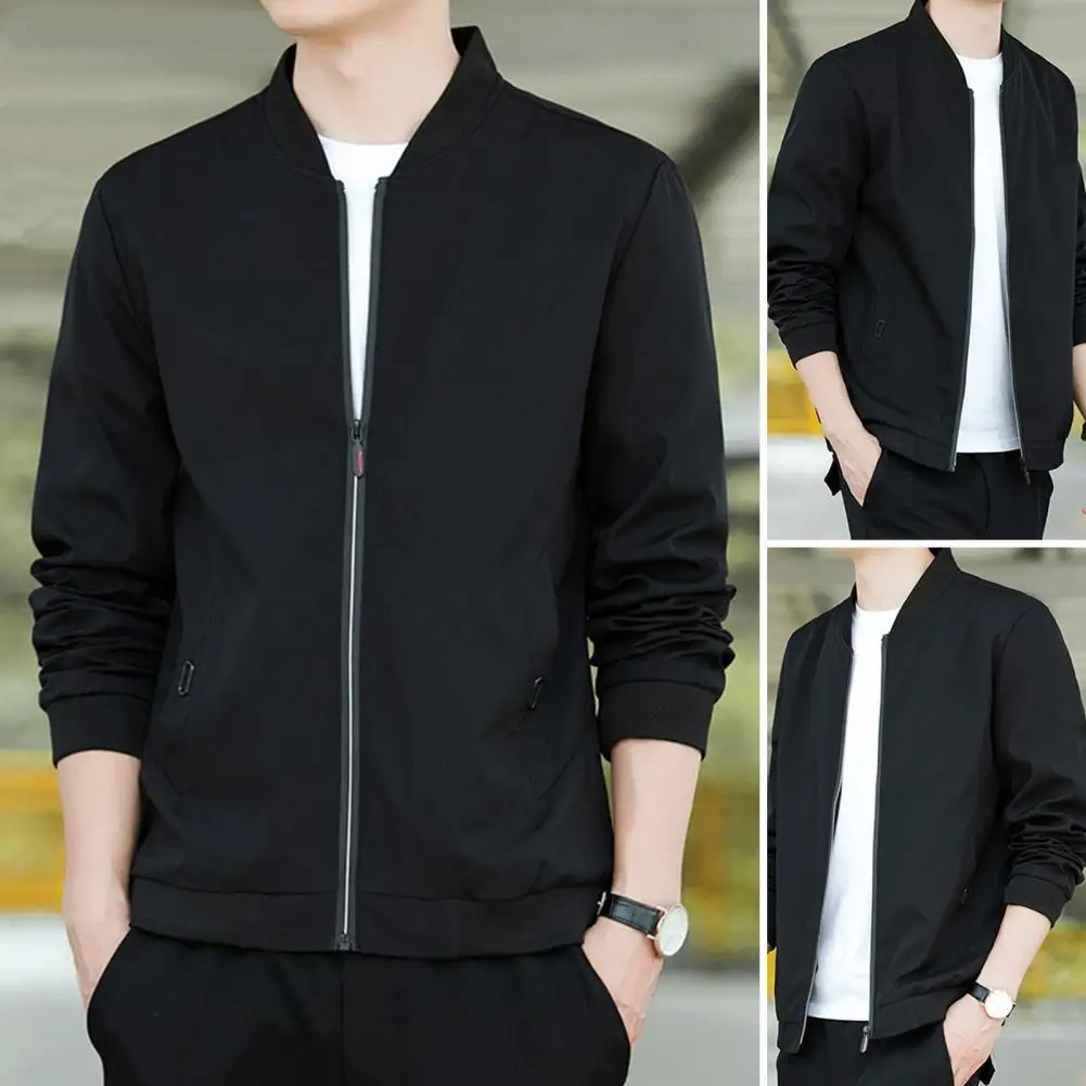 Comfortable Men Outerwear Men's Casual Baseball Coat with Stand Collar Zipper Placket Pockets Long Sleeve Outwear for Work Gym