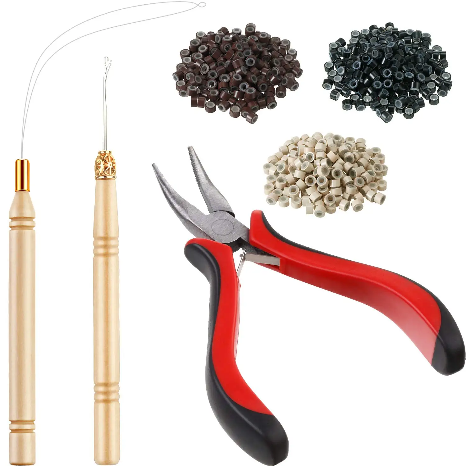 Hair Extensions Tools Kit 200 Pcs Black Dark Brown Light Brown Gold Micro Ring Beads 1 Micro Beads Plier 1 Hook Needle Pulling