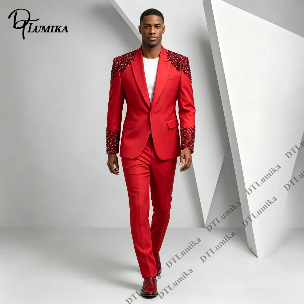 Notch Lapel Men Tuxedo Heavy Red Rhinestone Shoulder Cuff Decoration Slim Fit 2 Piece Jacket Pants Formal Wedding Prom Gala Suit