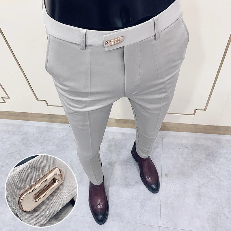 Spring 2025 Men Pants Korean Slim Fit Men Casual Ankle Length Pants Streetwear Men High Quality Black Gray Khaki Dress Suit Pant