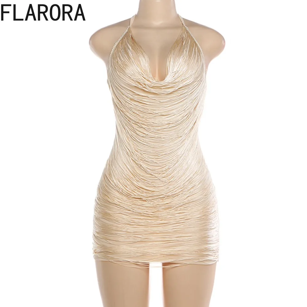 FLARORA セクシーなタッセル装飾ミニドレス女性ホルターレースアップバックレスピーチヒップビーチ休暇ホットガールスリムストリートクラブウェア