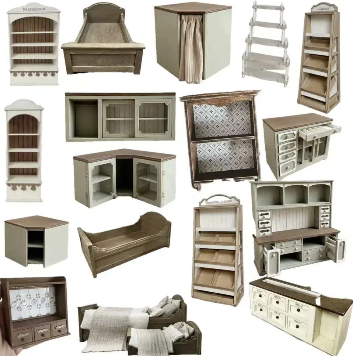 Shabby Chic Miniature Set: 1:12/1:6 French Display Cabinet & Storage Cart - Distressed DIY or Ready-Made Cottage Core Display