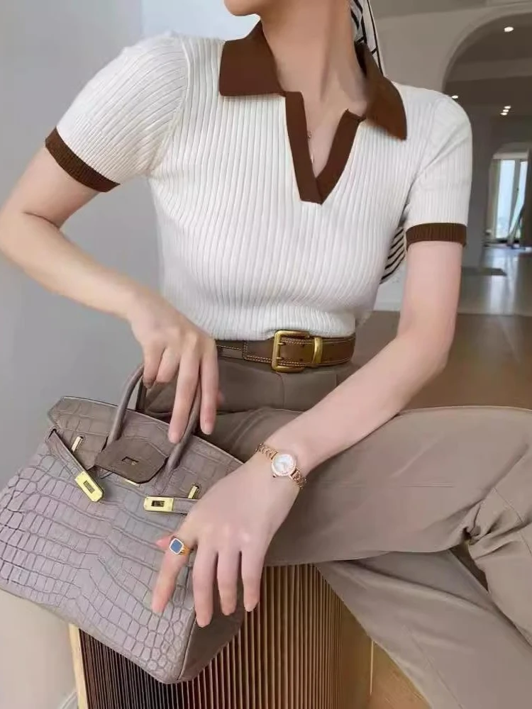Neu im Sommer: Elegantes Damen-Strick-T-Shirt, Kurzarm-Poloshirt, Modisches Damen-Oberteil, Y2k Basic-T-Shirt für Damenmode