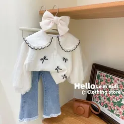 Girls Spring And Autumn Suit New Korean Edition Mesh Long sleeved Sweater For Middle and Small Children Girls' Fashion Jeans Set